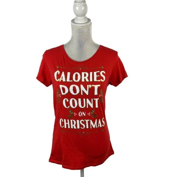 Holiday Time Red Calories Don't Count On Christmas T-shirt Cotton M (8-10) - Picture 1 of 7